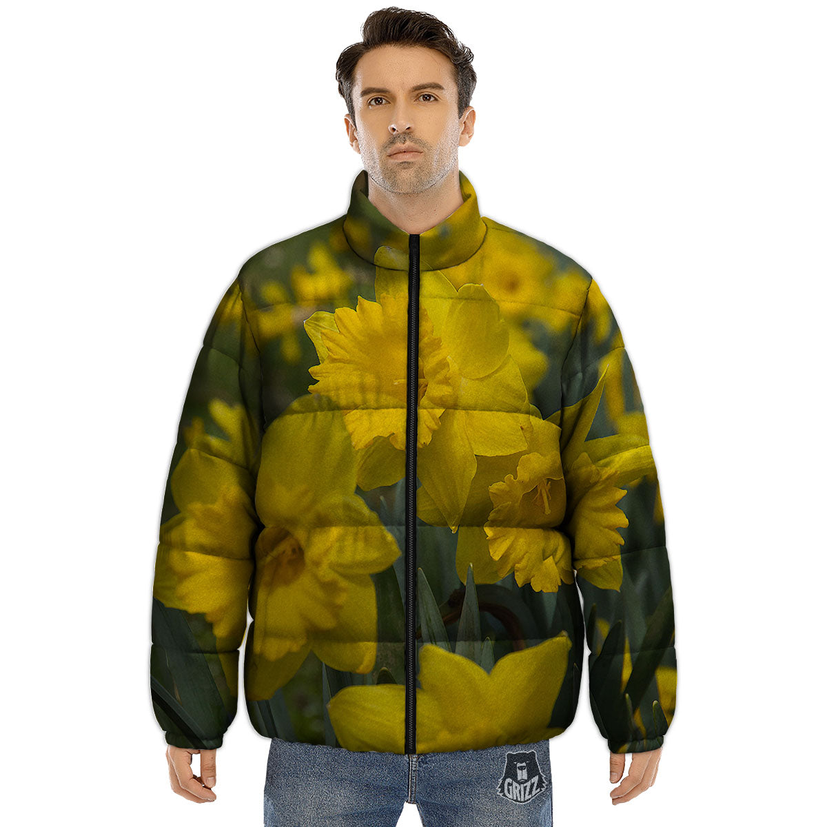 Flower Daffodil Yellow Print Puffer Jacket-grizzshop