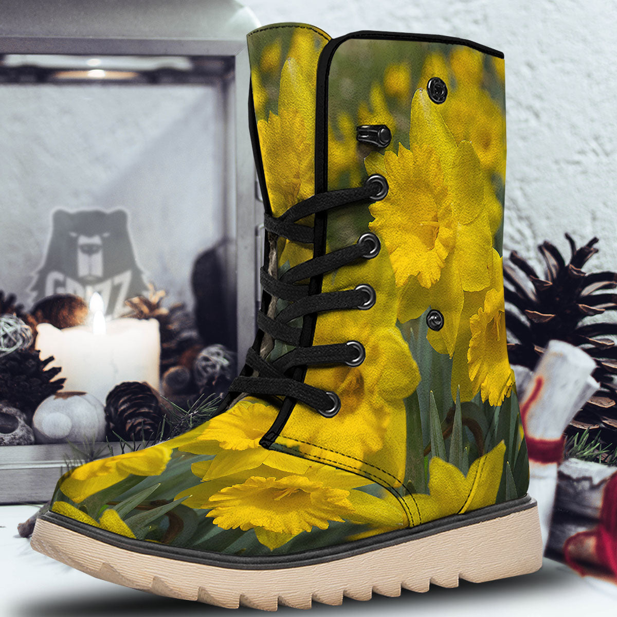 Flower Daffodil Yellow Print Snow Boots-grizzshop