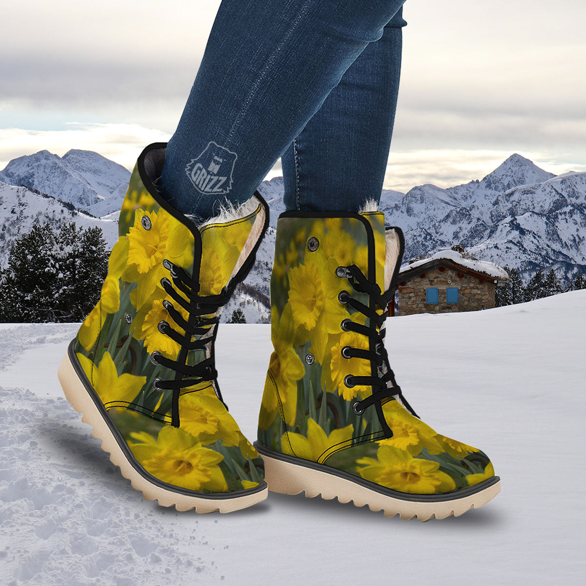 Flower Daffodil Yellow Print Snow Boots-grizzshop