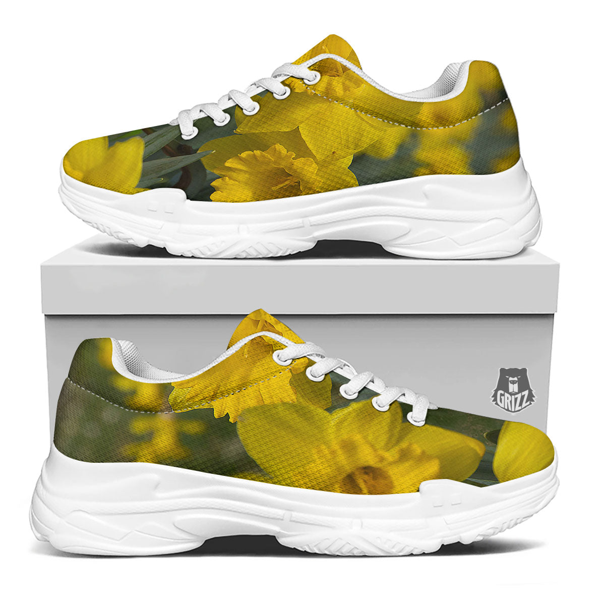 Flower Daffodil Yellow Print White Chunky Shoes-grizzshop