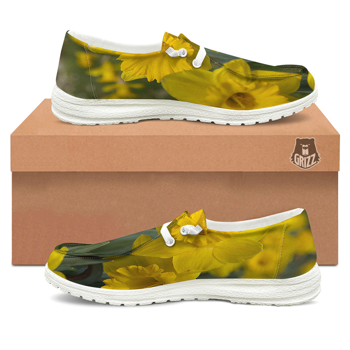 Flower Daffodil Yellow Print White Loafers-grizzshop