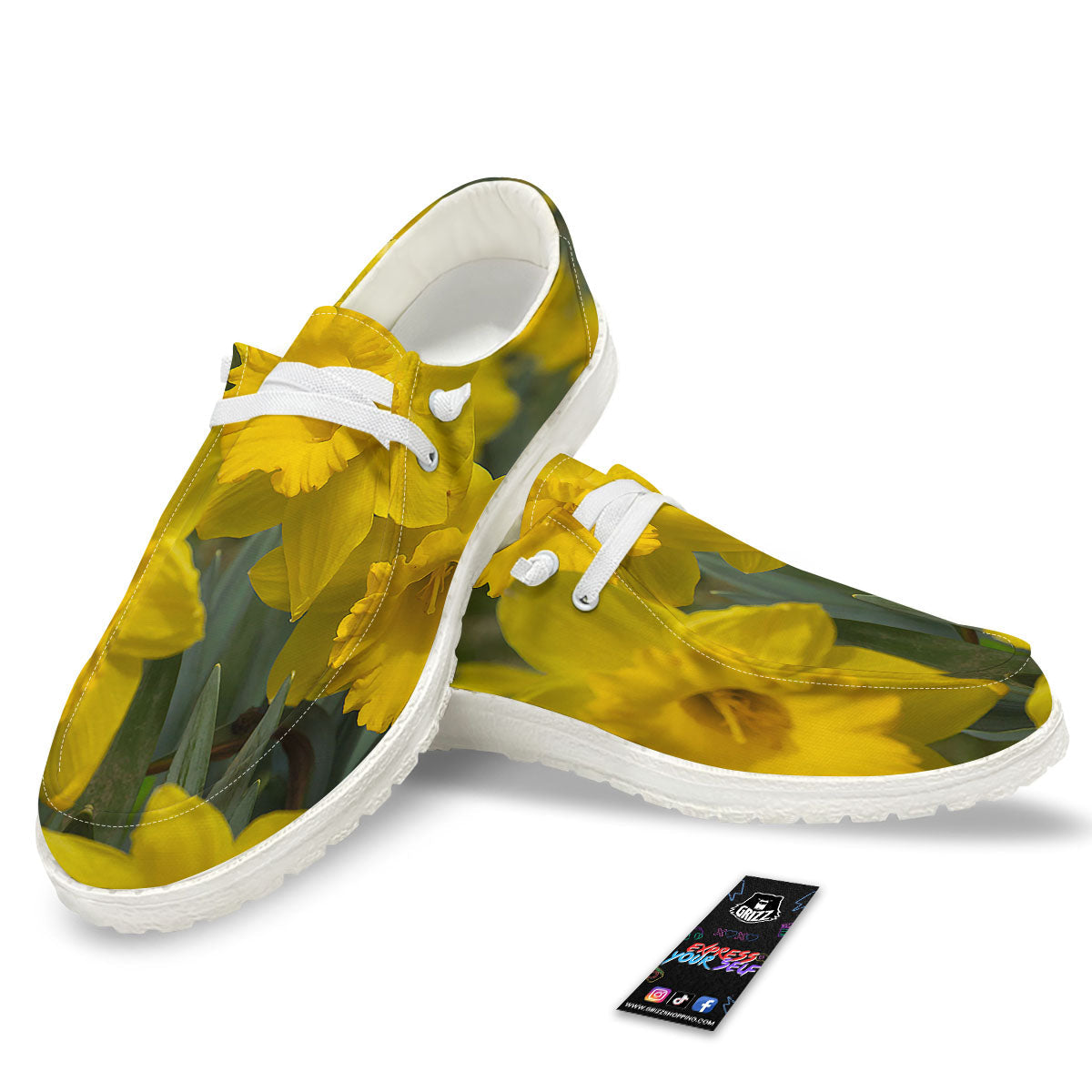 Flower Daffodil Yellow Print White Loafers-grizzshop
