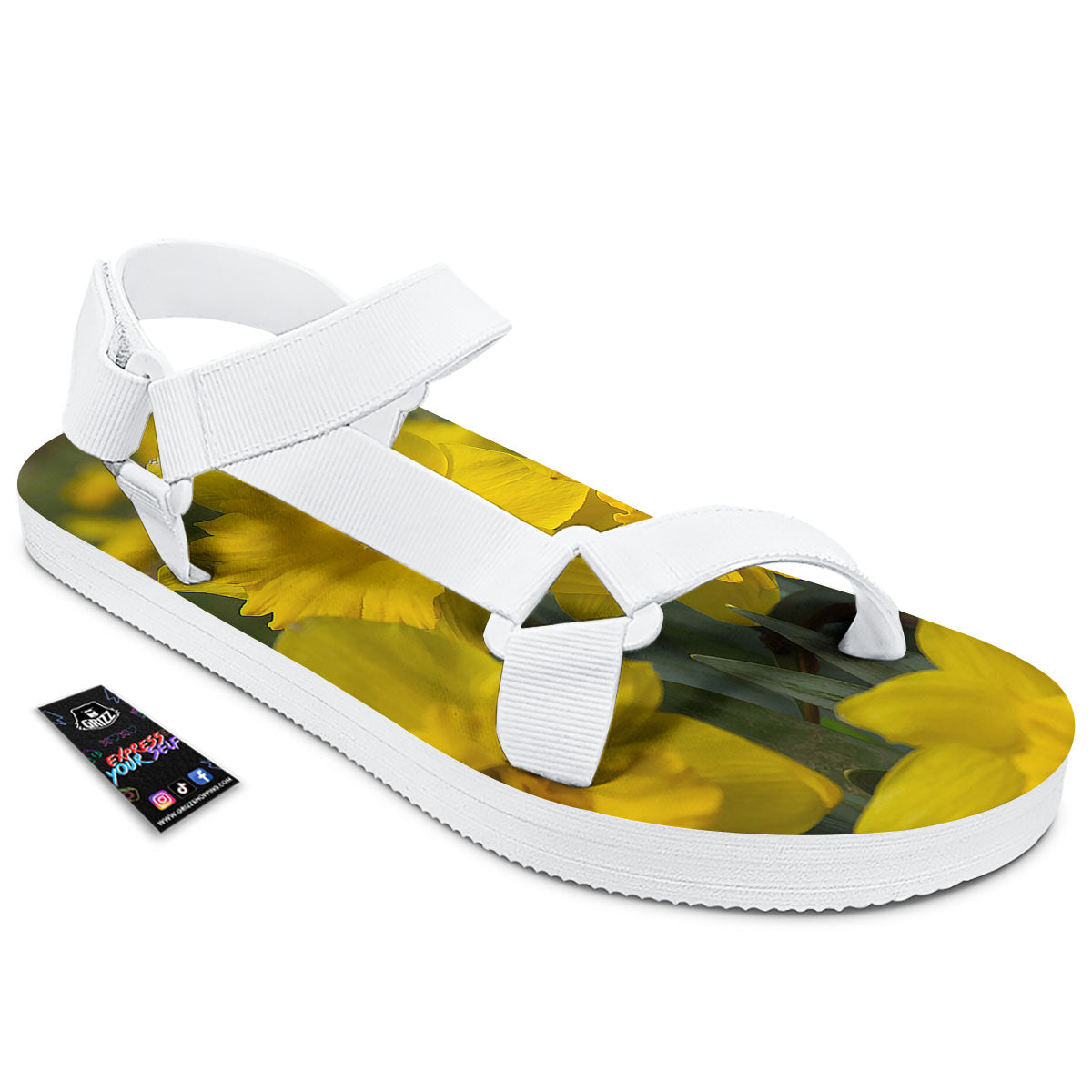 Flower Daffodil Yellow Print White Open Toe Sandals-grizzshop