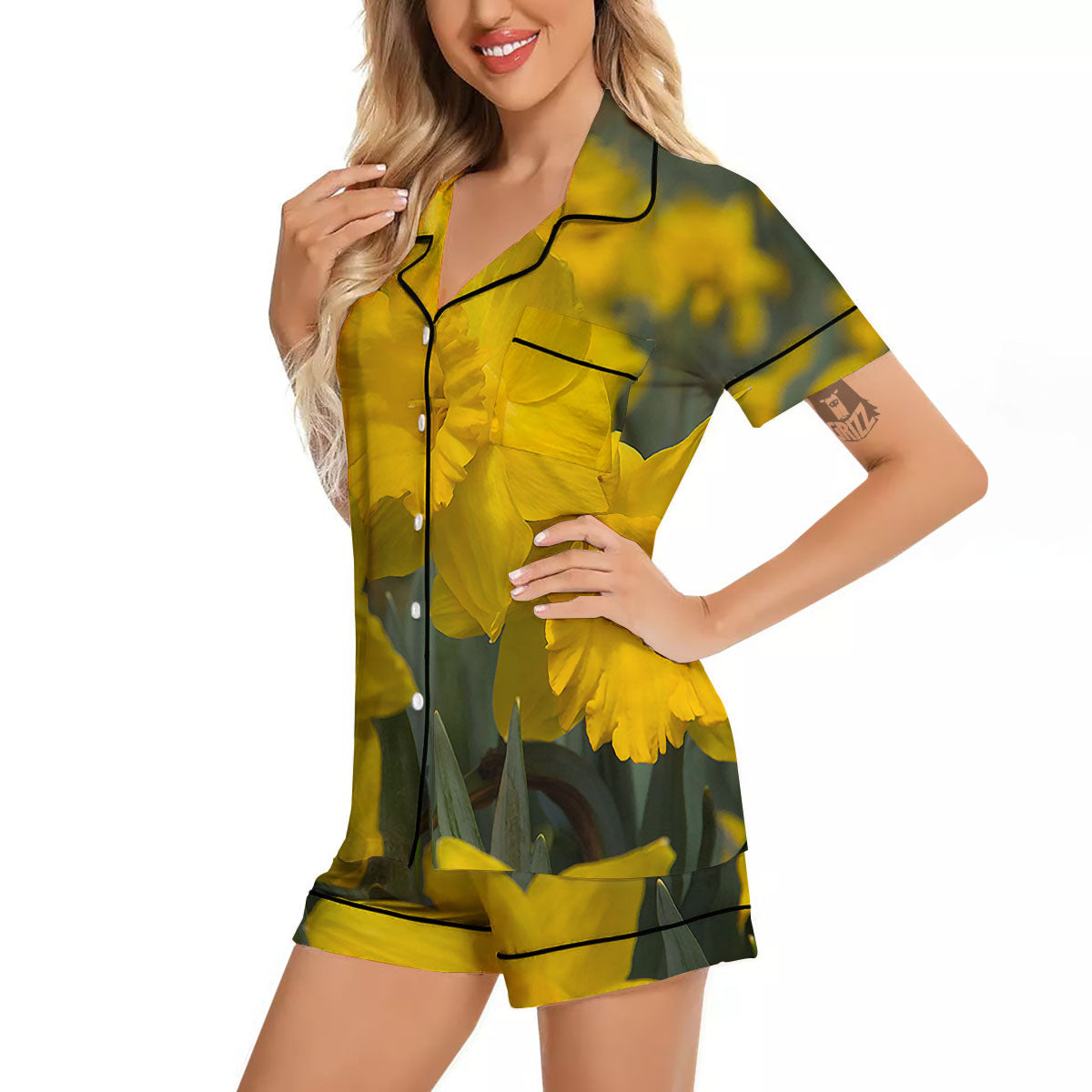 Flower Daffodil Yellow Print Women Silk Pajamas-grizzshop