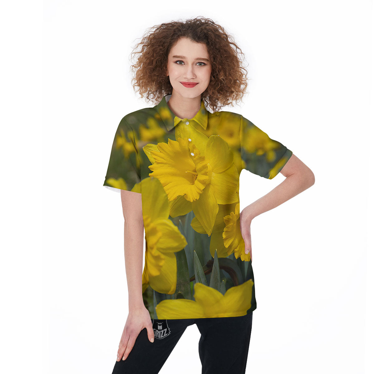 Flower Daffodil Yellow Print Women's Golf Shirts-grizzshop