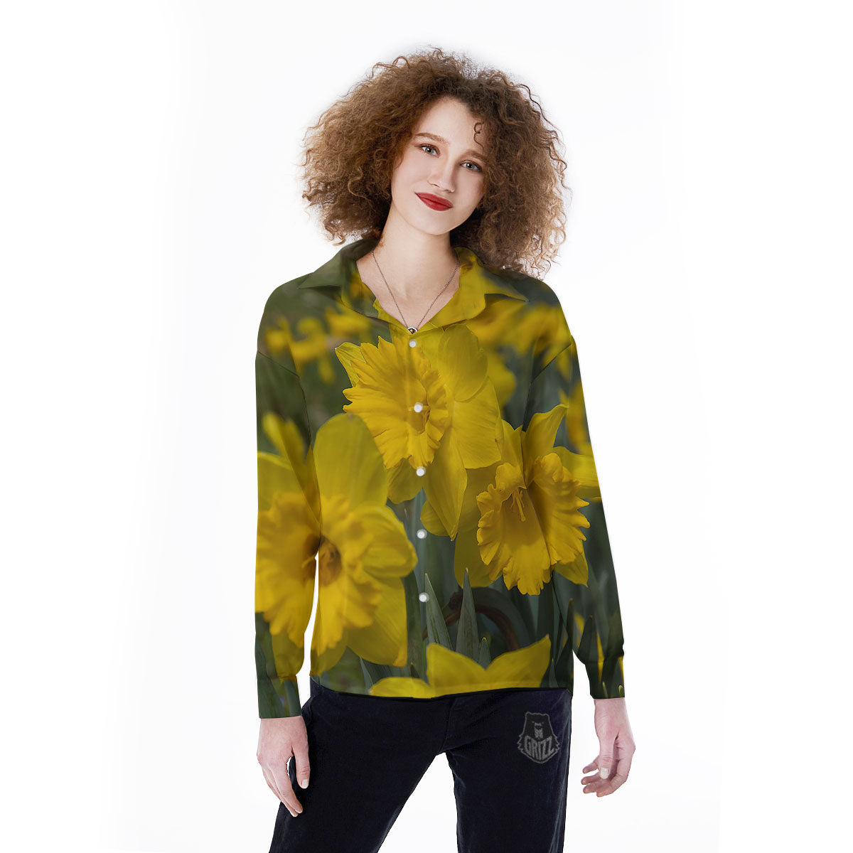 Flower Daffodil Yellow Print Women's Long Sleeve Shirts-grizzshop