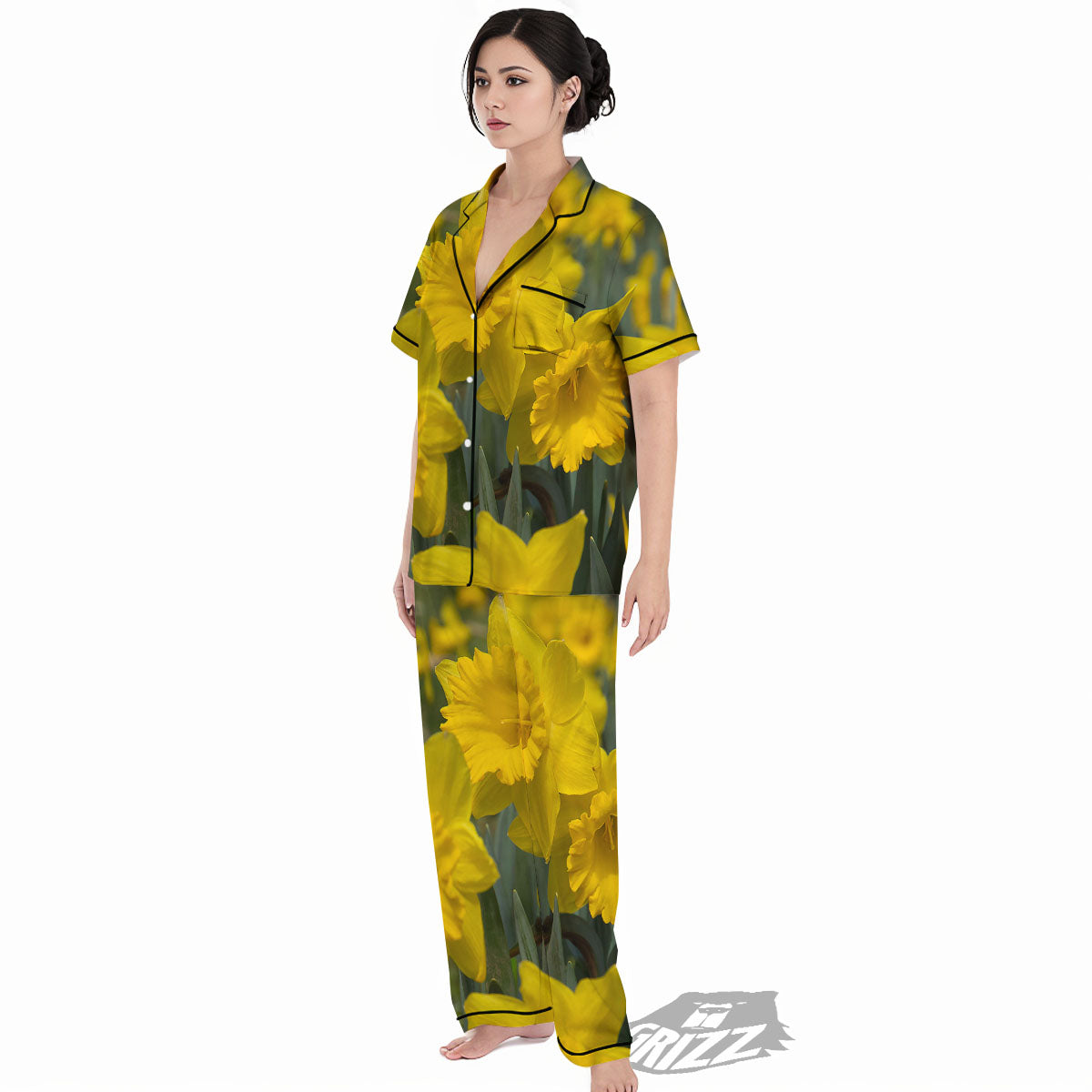 Flower Daffodil Yellow Print Women's Pajamas Set-grizzshop
