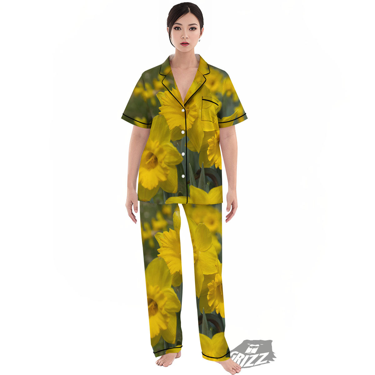 Flower Daffodil Yellow Print Women's Pajamas Set-grizzshop