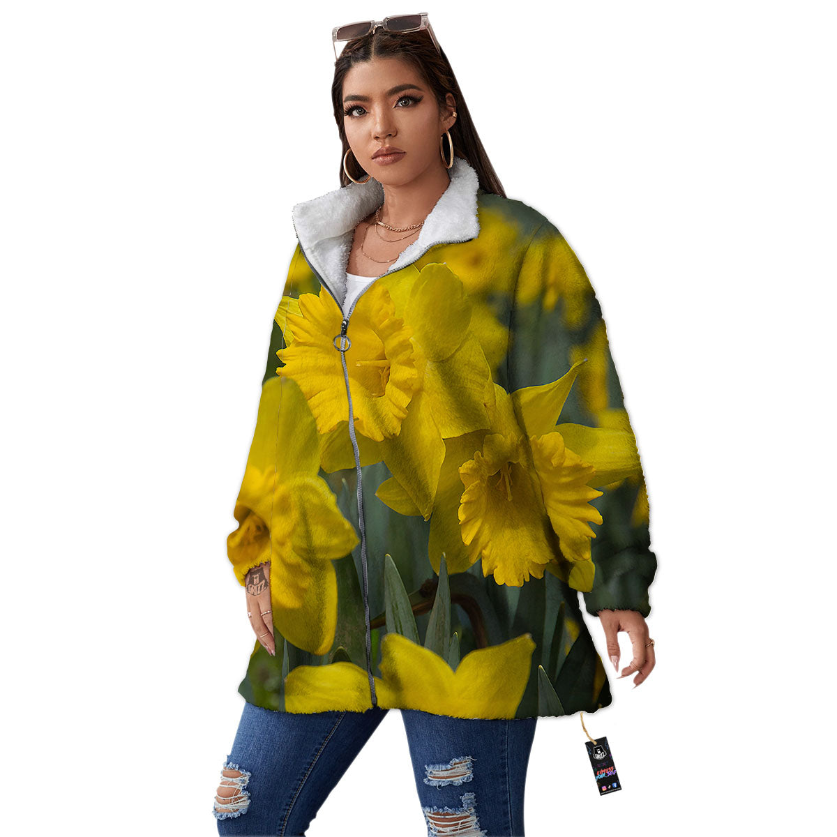 Flower Daffodil Yellow Print Women's Sherpa Jacket-grizzshop