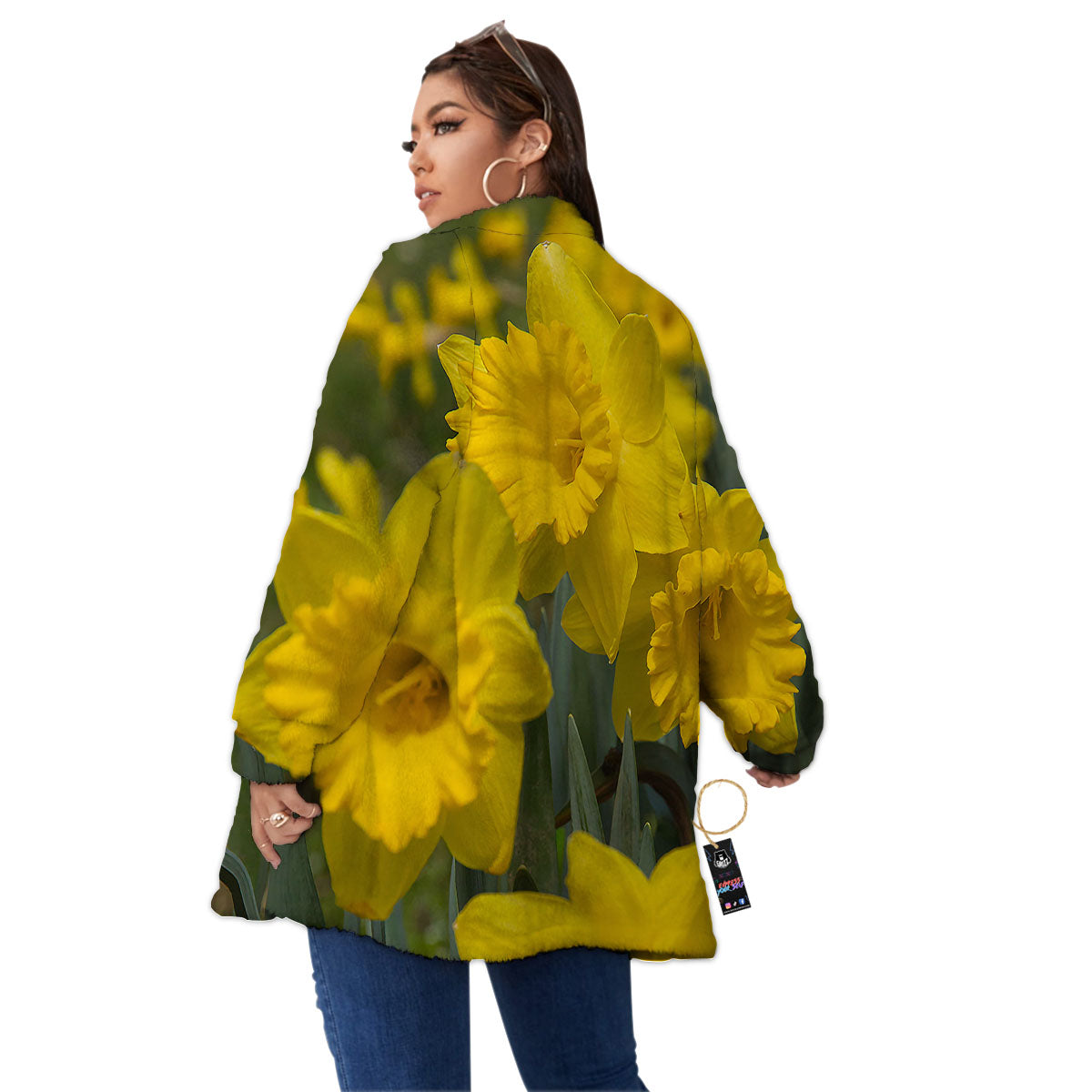 Flower Daffodil Yellow Print Women's Sherpa Jacket-grizzshop