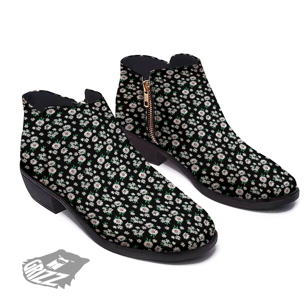 Flower Daisy Print Pattern Ankle Boots-grizzshop