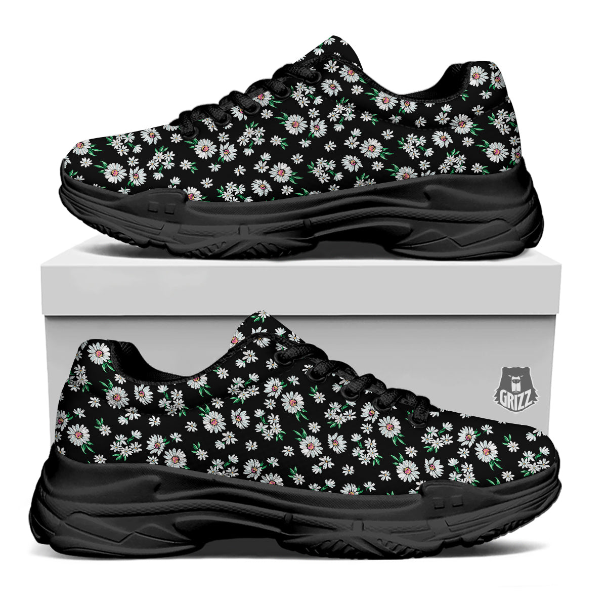 Flower Daisy Print Pattern Black Chunky Shoes-grizzshop