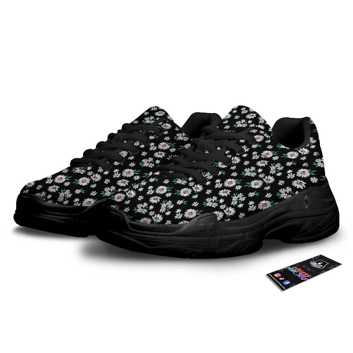 Flower Daisy Print Pattern Black Chunky Shoes-grizzshop