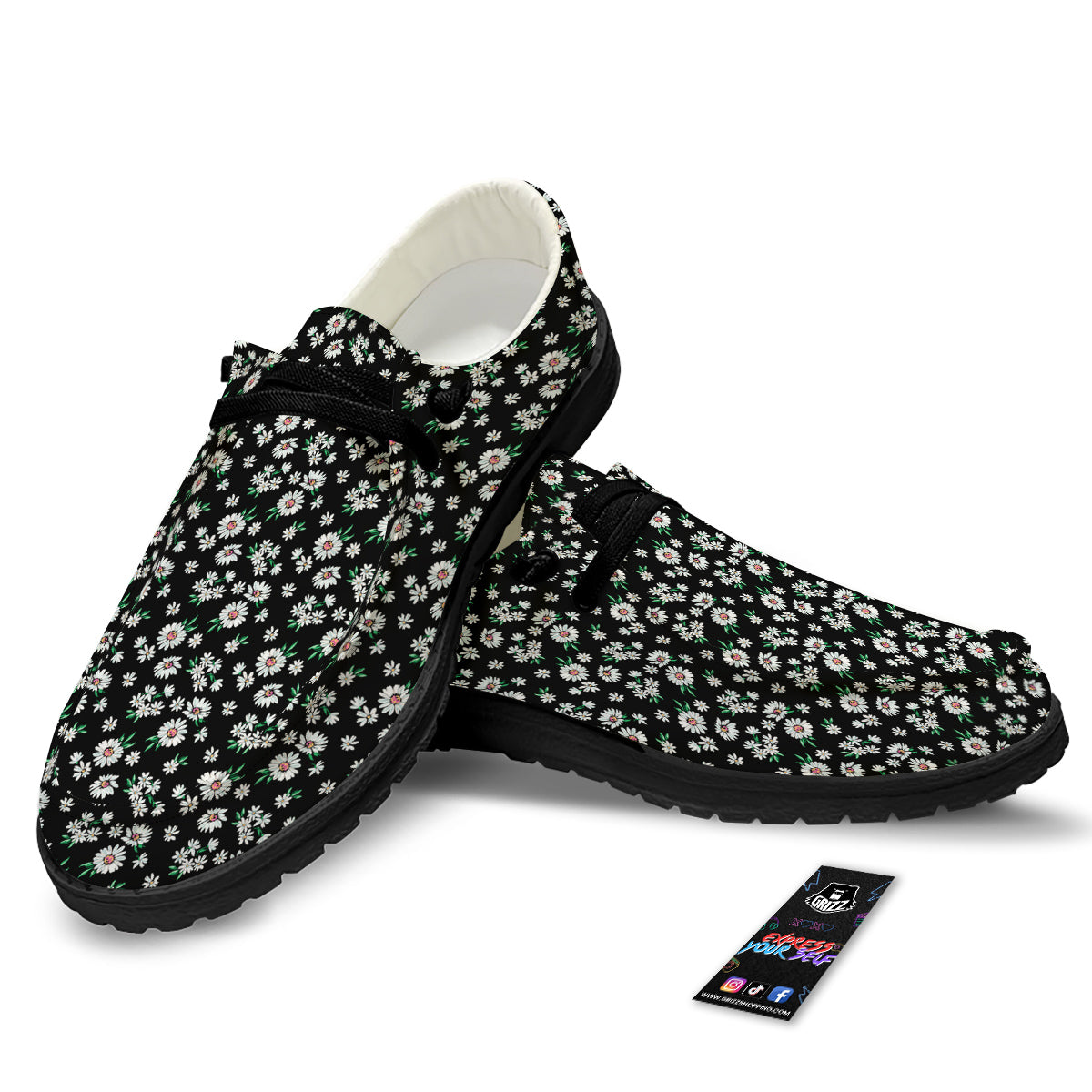 Flower Daisy Print Pattern Black Loafers-grizzshop