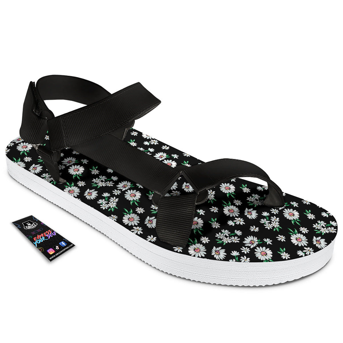 Flower Daisy Print Pattern Black Open Toe Sandals-grizzshop