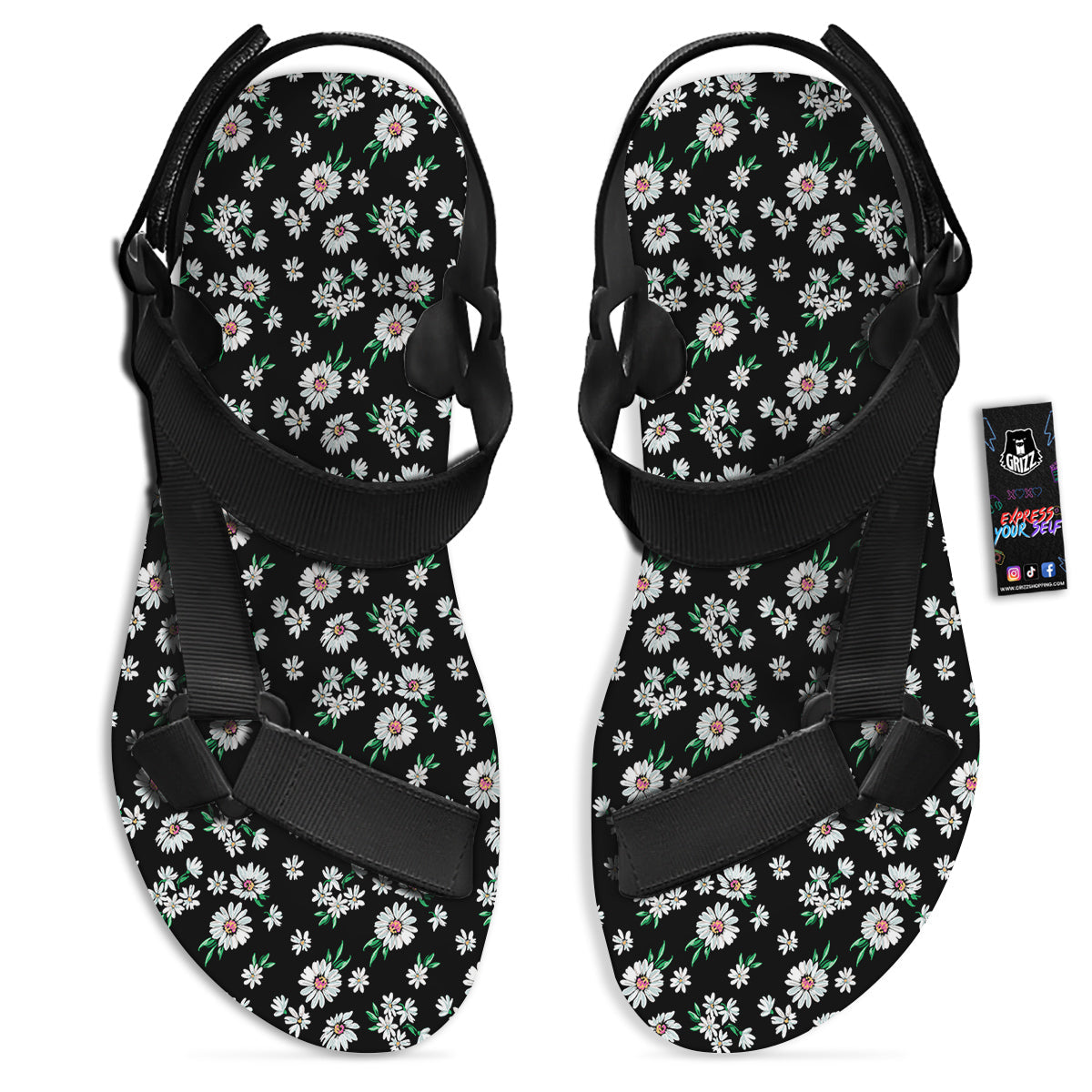 Flower Daisy Print Pattern Black Open Toe Sandals-grizzshop