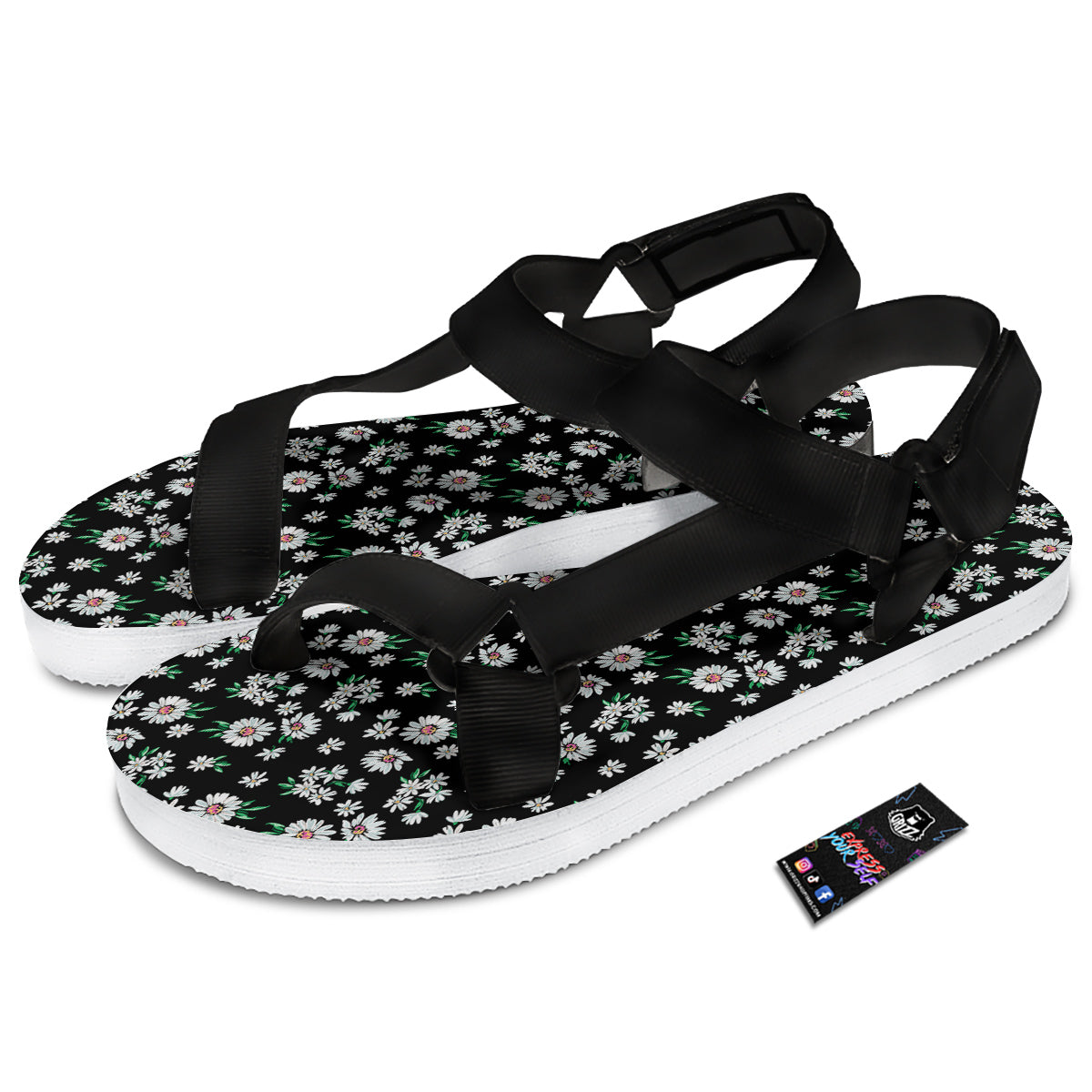 Flower Daisy Print Pattern Black Open Toe Sandals-grizzshop