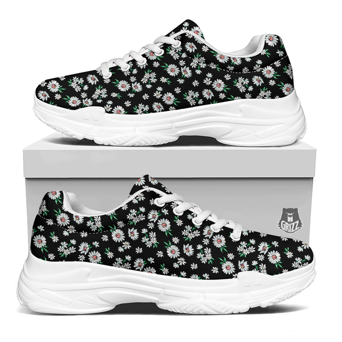 Flower Daisy Print Pattern White Chunky Shoes-grizzshop