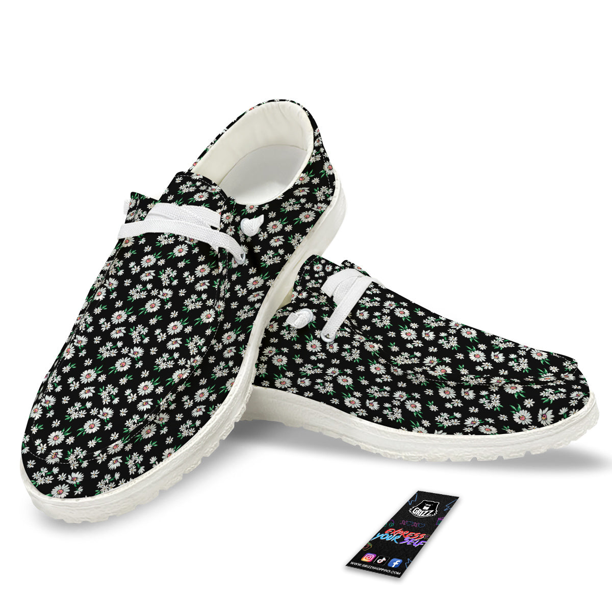 Flower Daisy Print Pattern White Loafers-grizzshop