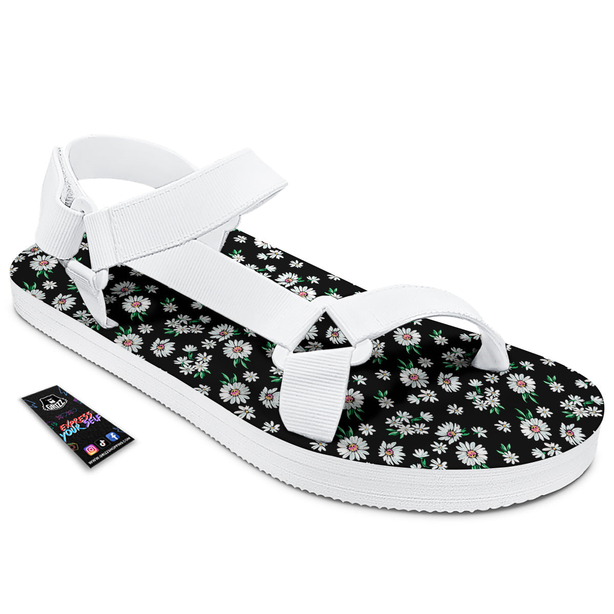 Flower Daisy Print Pattern White Open Toe Sandals-grizzshop