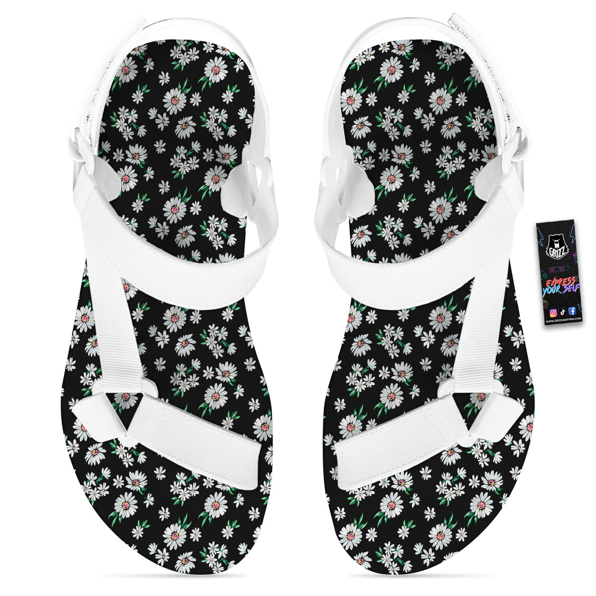 Flower Daisy Print Pattern White Open Toe Sandals-grizzshop