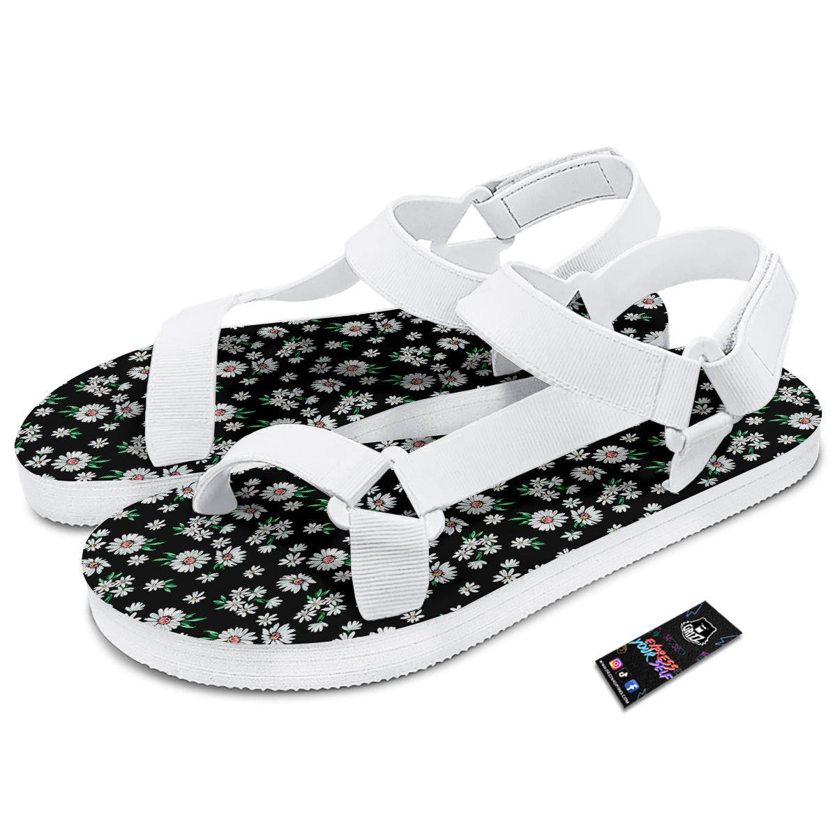 Flower Daisy Print Pattern White Open Toe Sandals-grizzshop