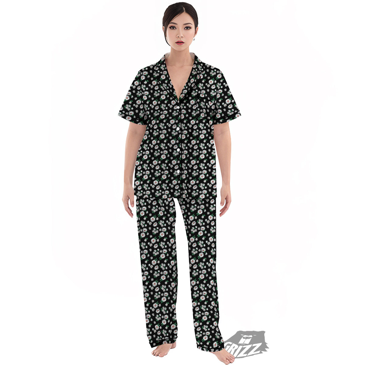 Flower Daisy Print Pattern Women's Pajamas Set-grizzshop