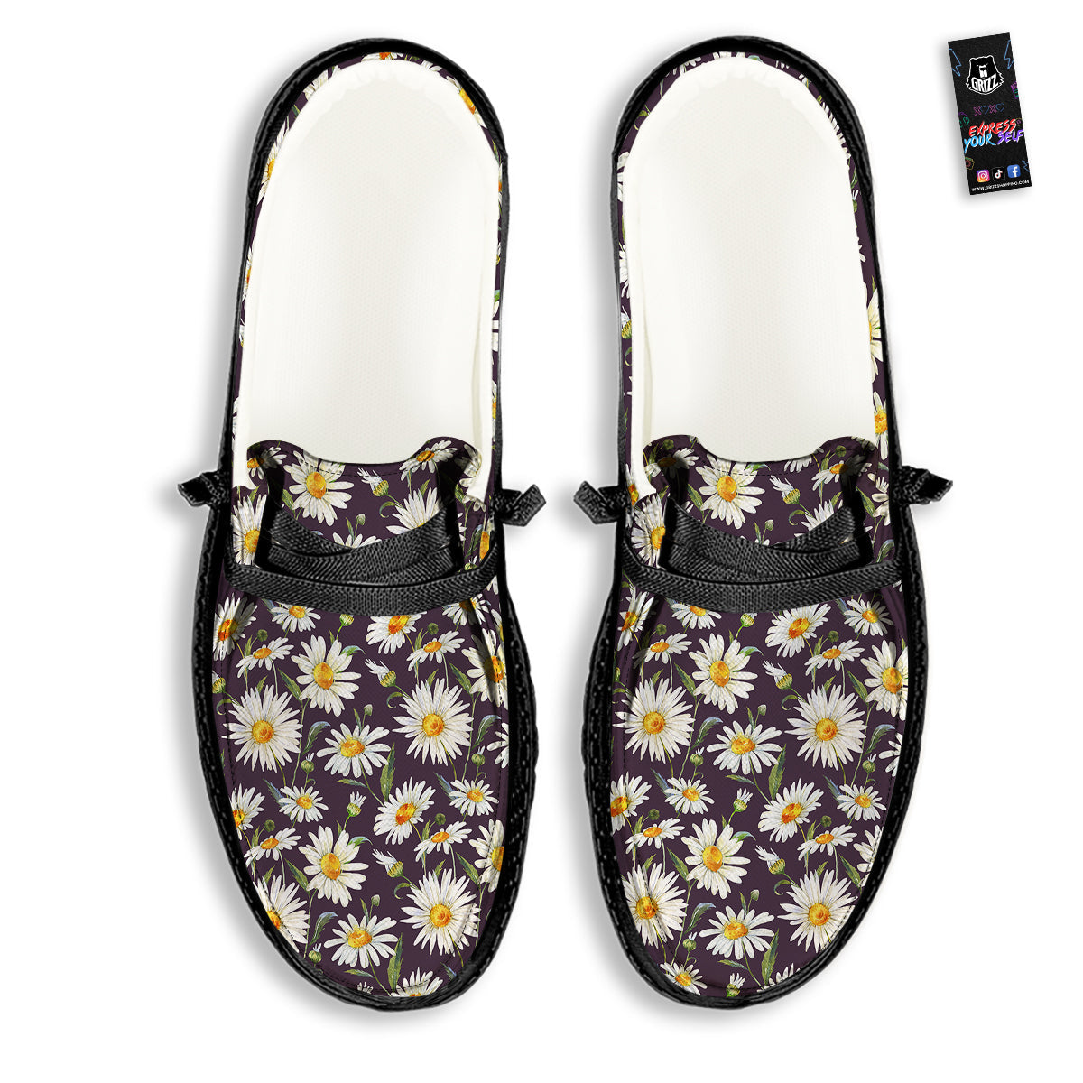Flower Daisy Watercolor Print Pattern Black Loafers-grizzshop