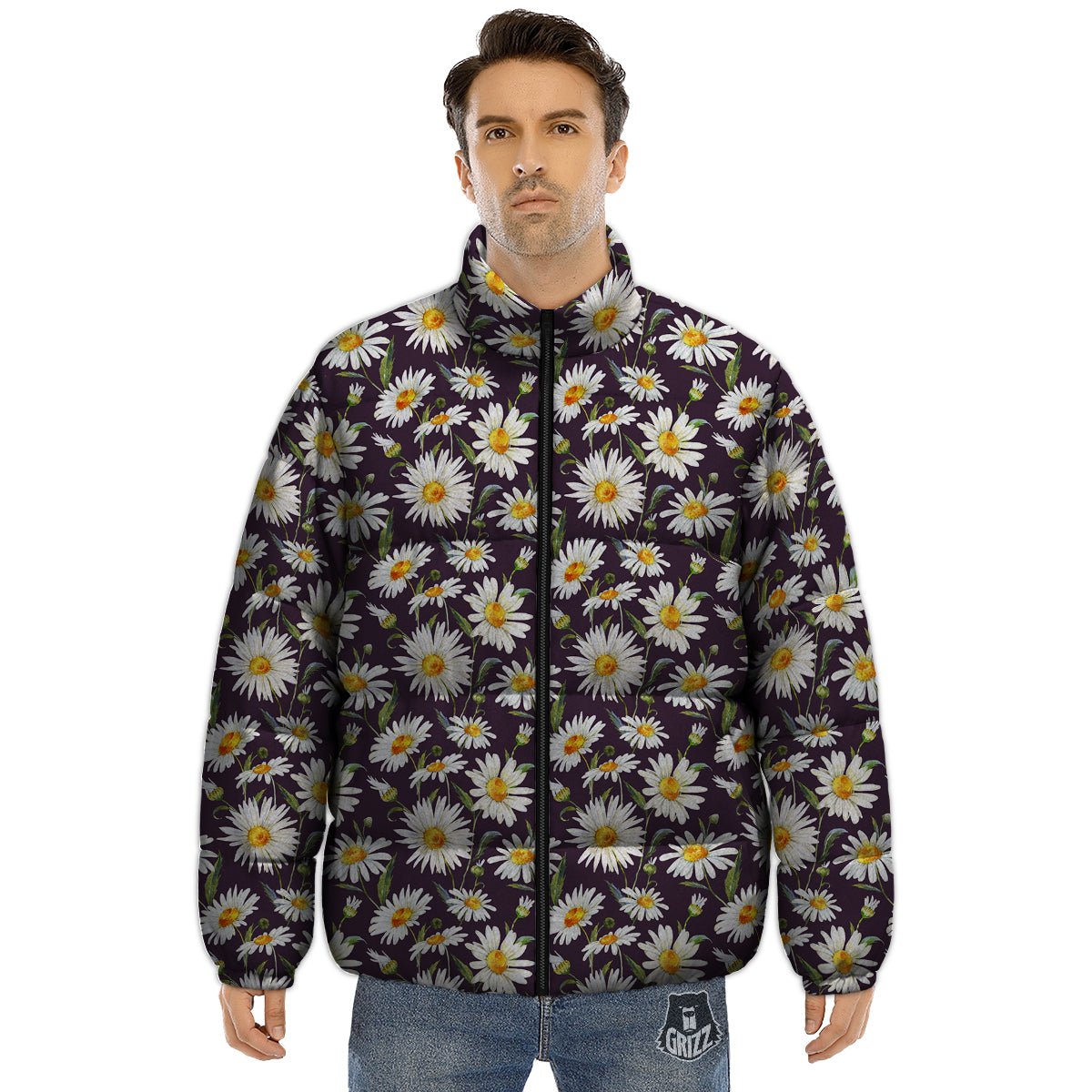 Flower Daisy Watercolor Print Pattern Puffer Jacket-grizzshop