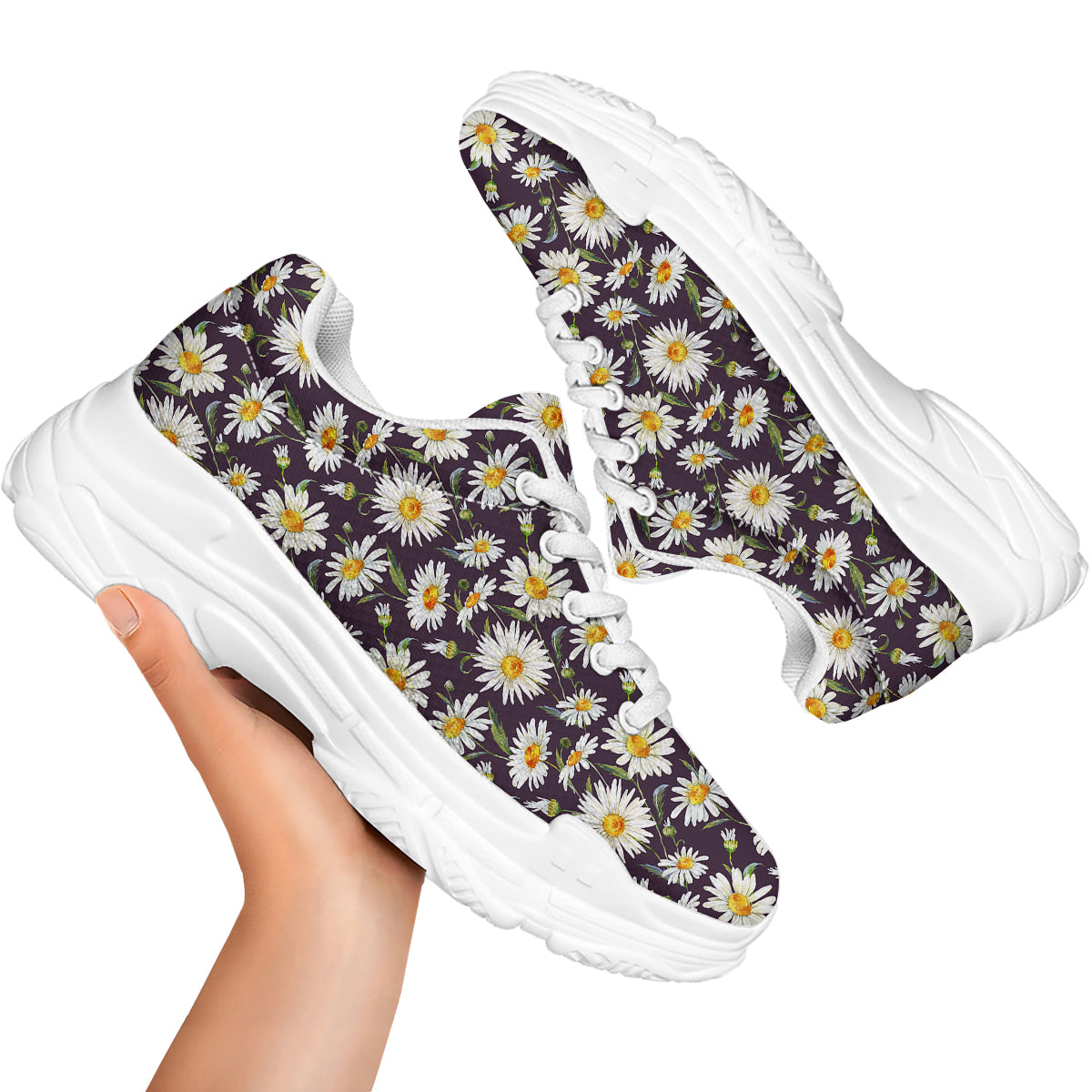 Flower Daisy Watercolor Print Pattern White Chunky Shoes-grizzshop