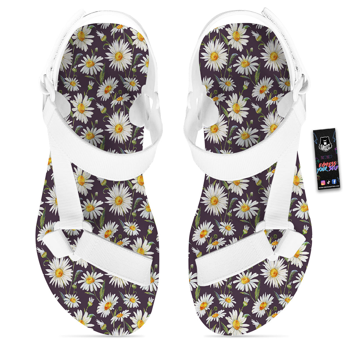 Flower Daisy Watercolor Print Pattern White Open Toe Sandals-grizzshop