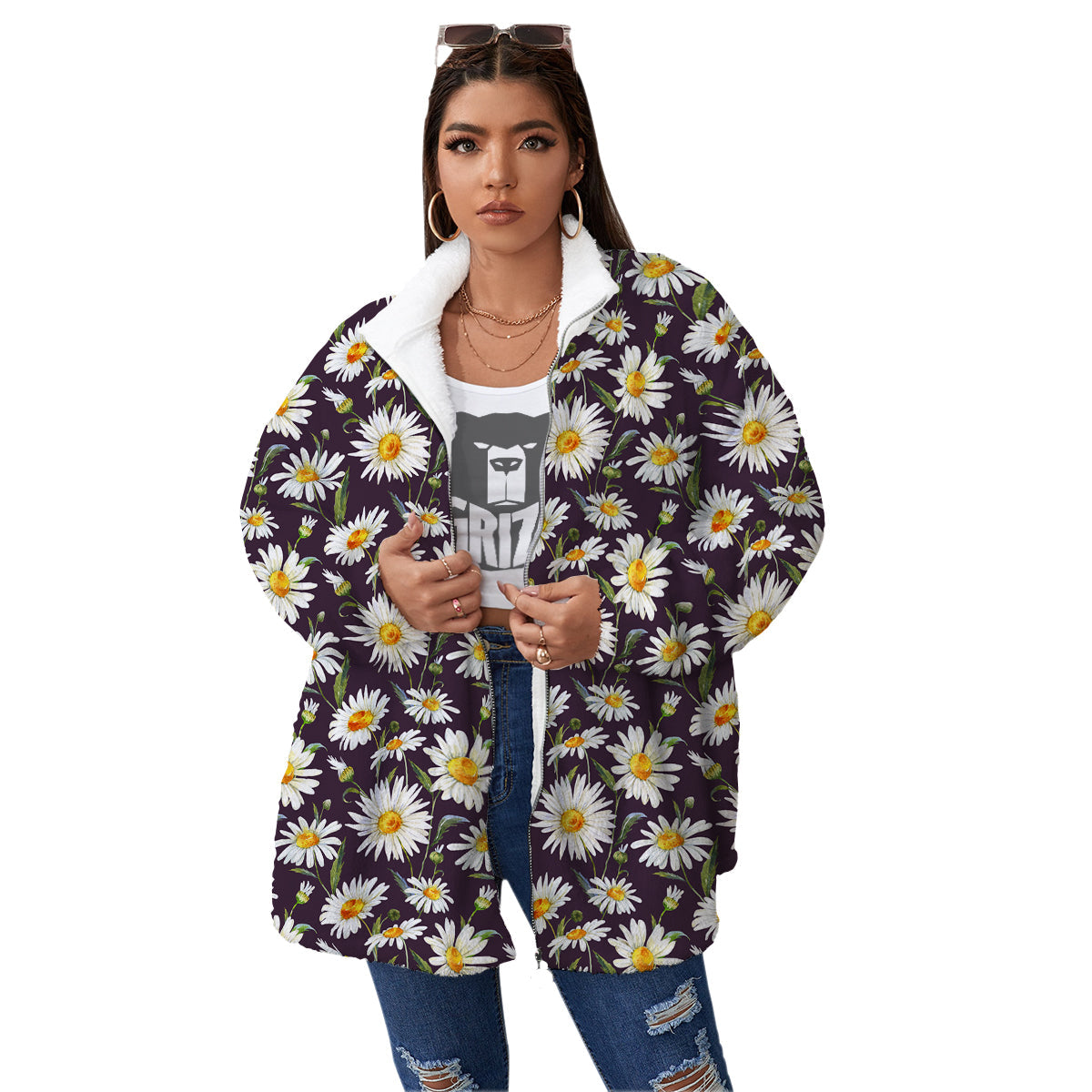 Flower Daisy Watercolor Print Pattern Women's Sherpa Jacket-grizzshop