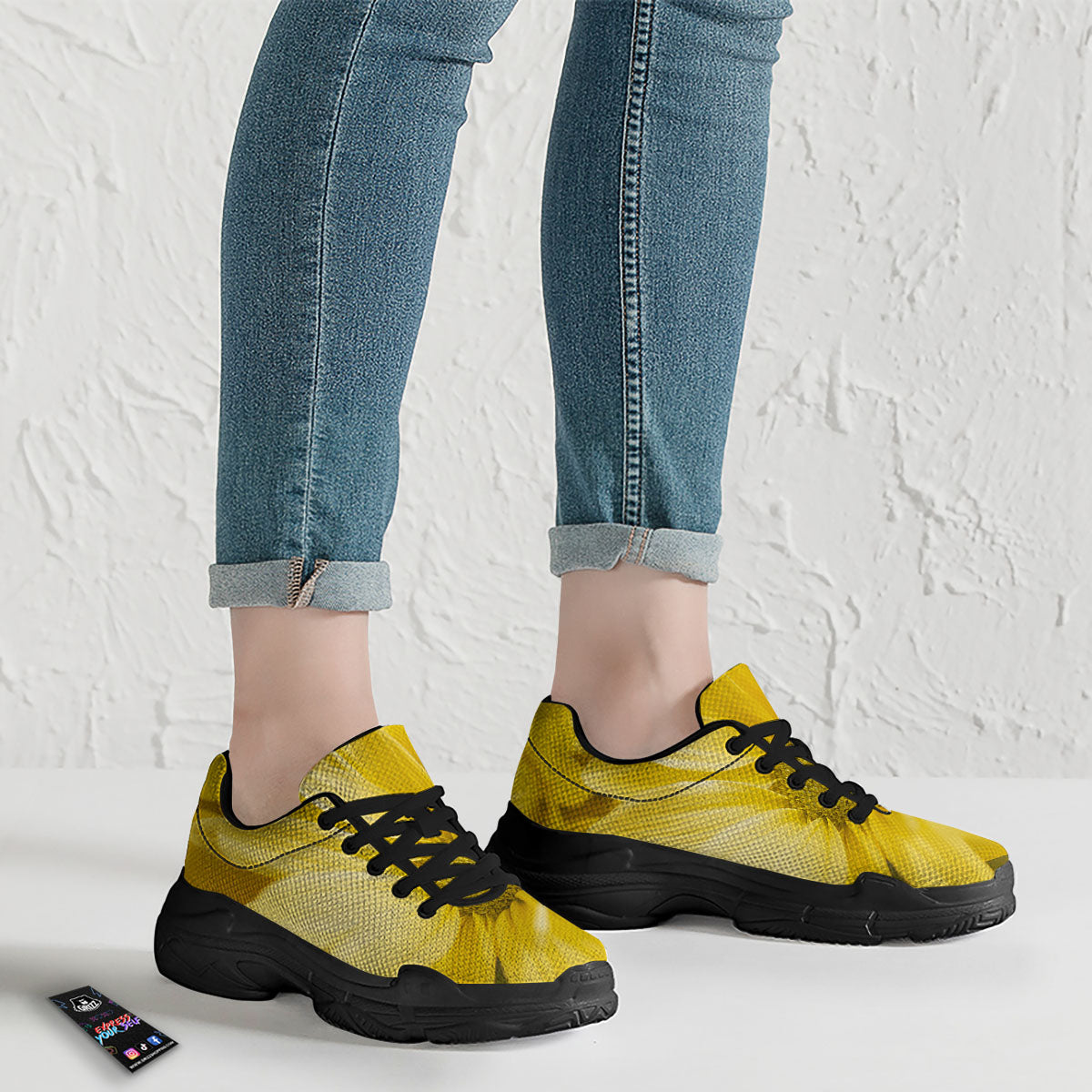 Flower Daisy Yellow Print Black Chunky Shoes-grizzshop