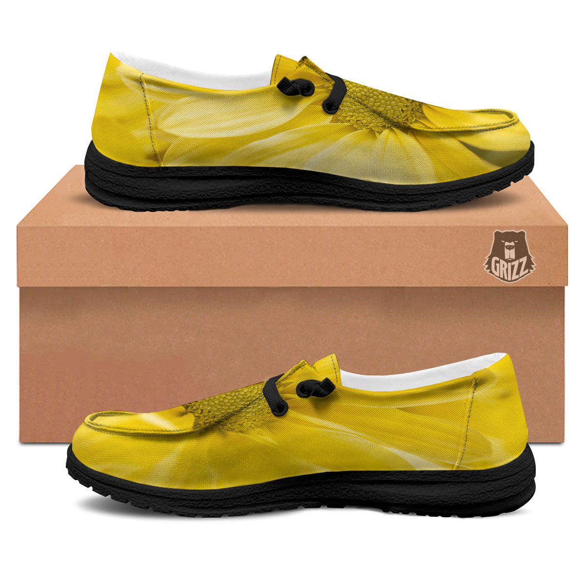 Flower Daisy Yellow Print Black Loafers-grizzshop