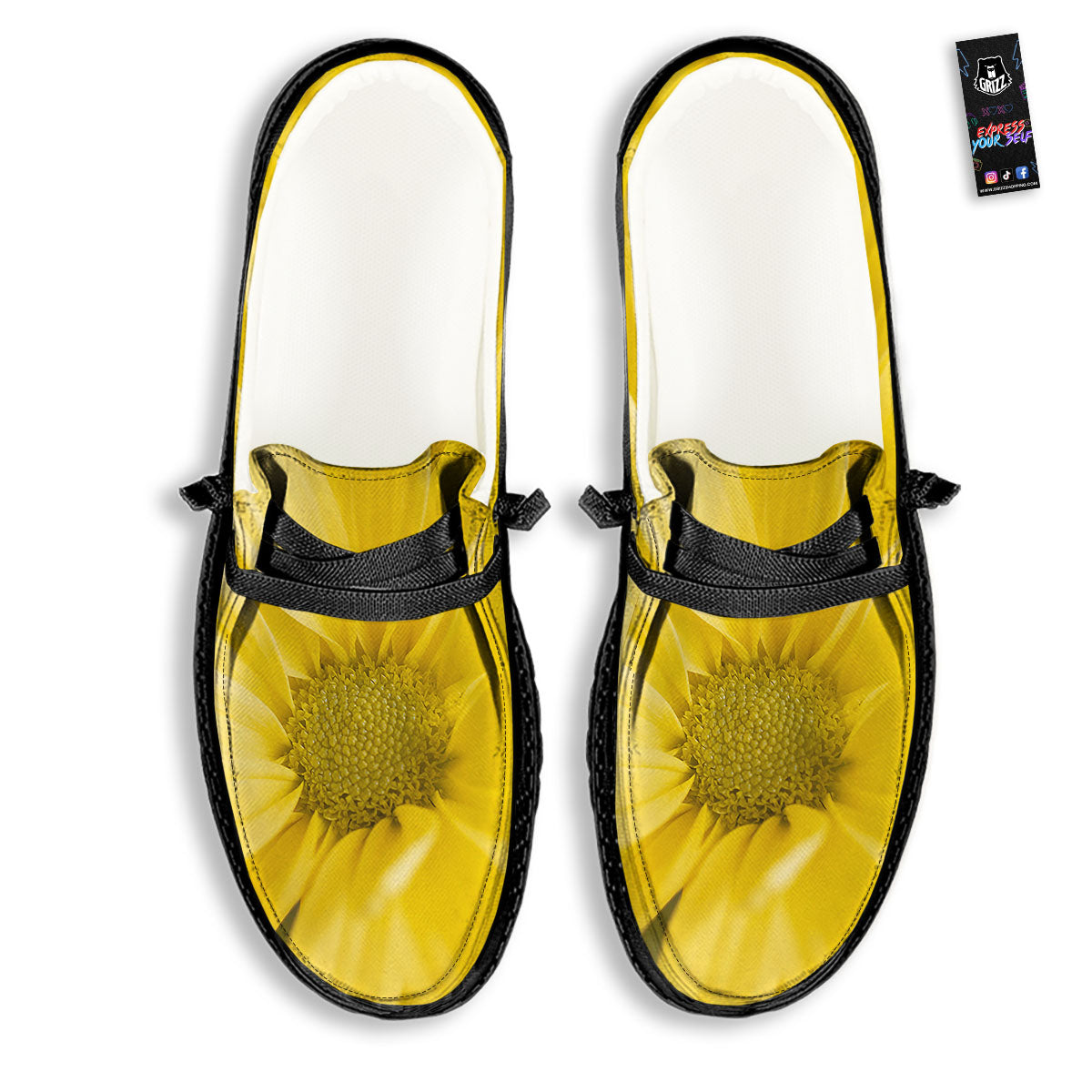 Flower Daisy Yellow Print Black Loafers-grizzshop