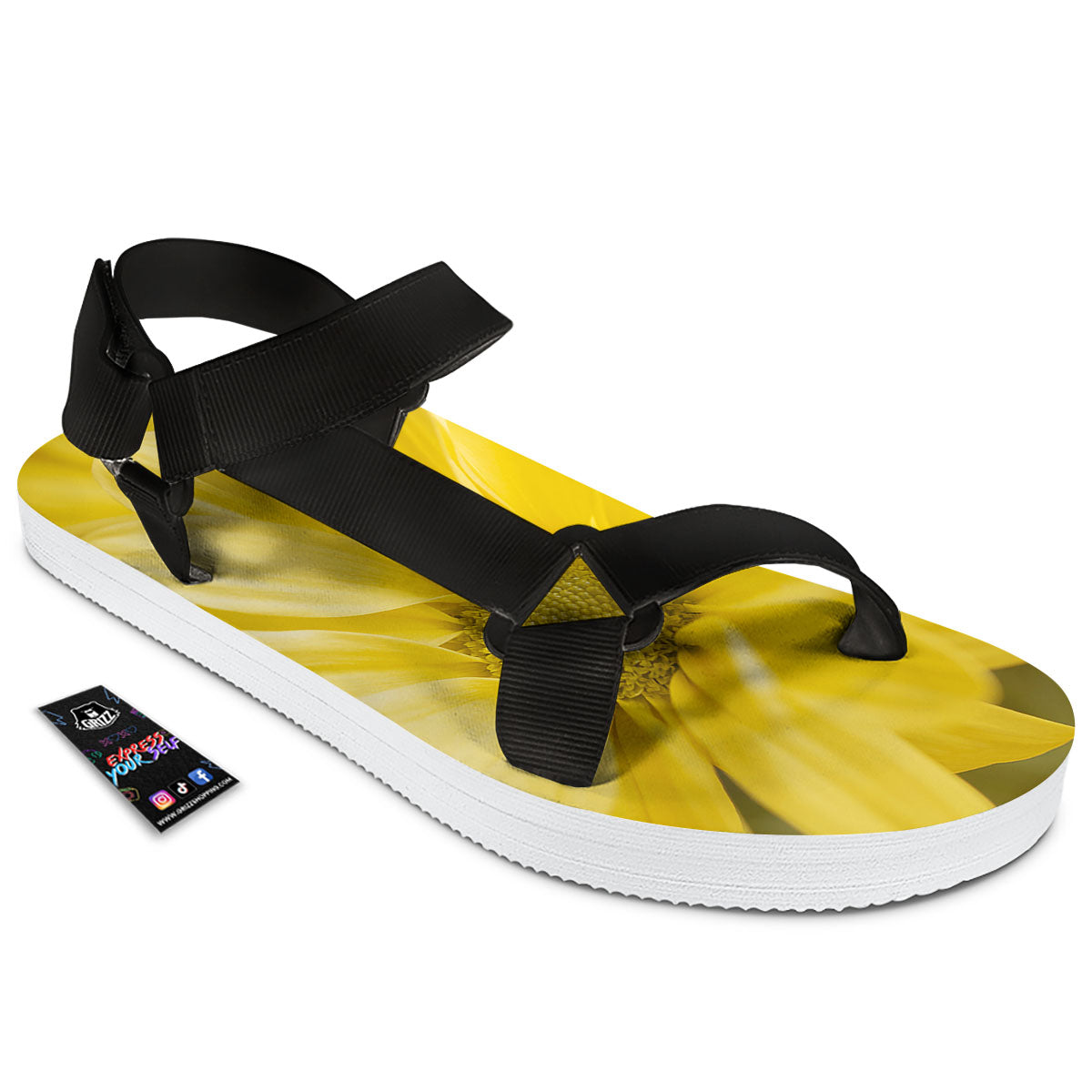 Flower Daisy Yellow Print Black Open Toe Sandals-grizzshop