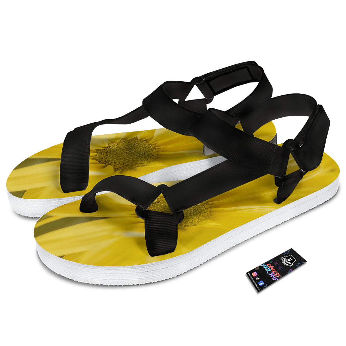 Flower Daisy Yellow Print Black Open Toe Sandals-grizzshop