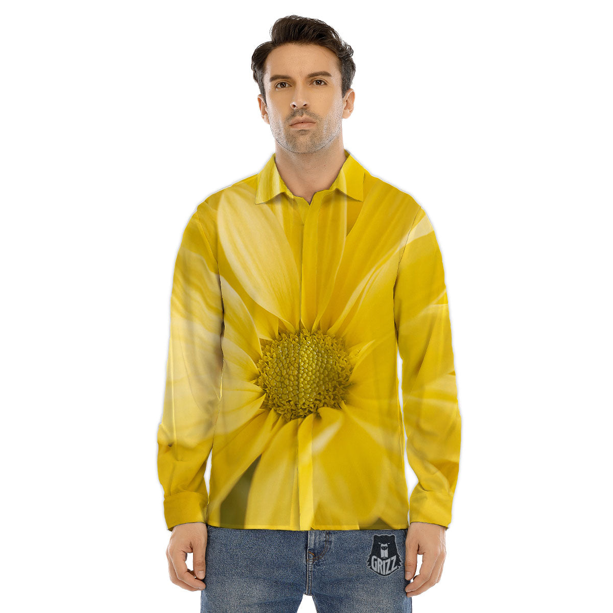 Flower Daisy Yellow Print Men's Dress Shirts-grizzshop