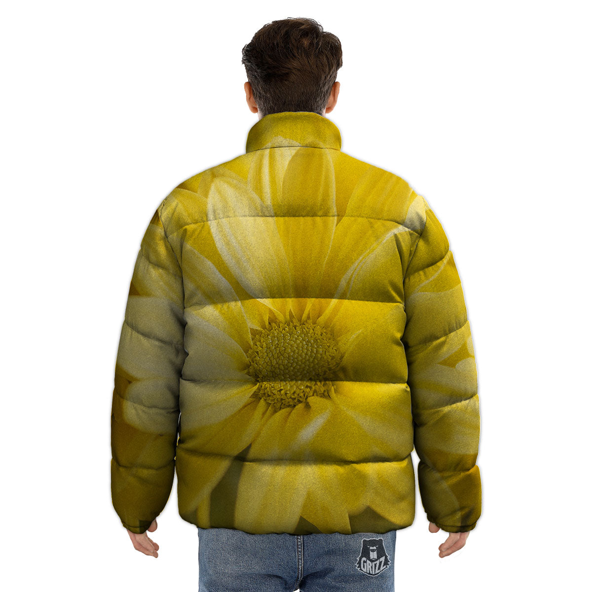 Flower Daisy Yellow Print Puffer Jacket-grizzshop