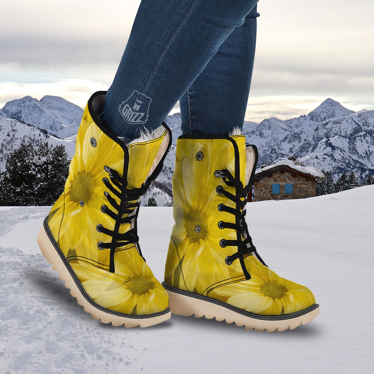 Flower Daisy Yellow Print Snow Boots-grizzshop