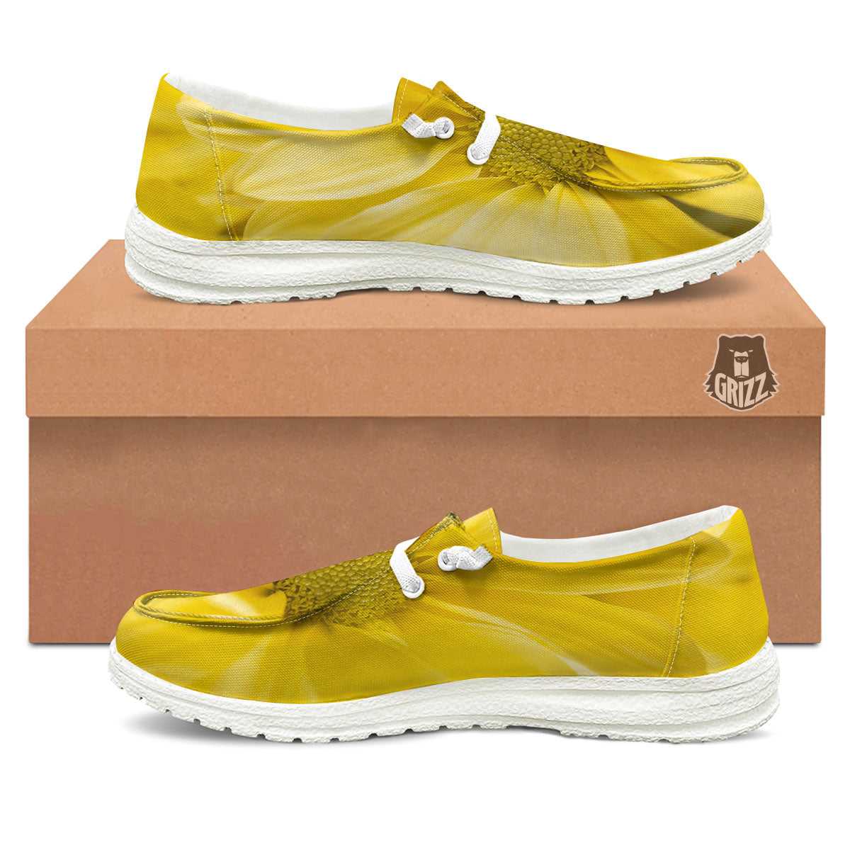 Flower Daisy Yellow Print White Loafers-grizzshop