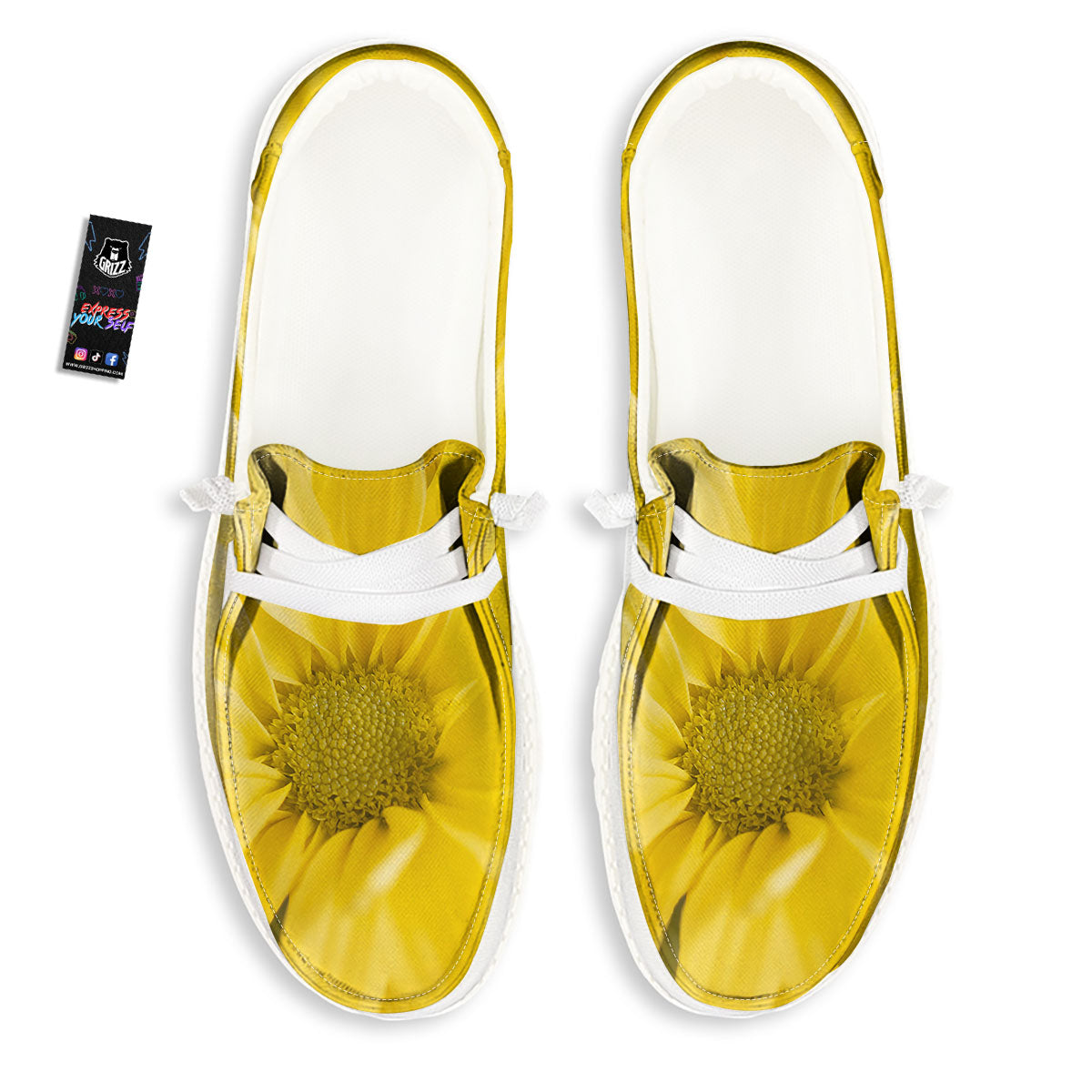 Flower Daisy Yellow Print White Loafers-grizzshop