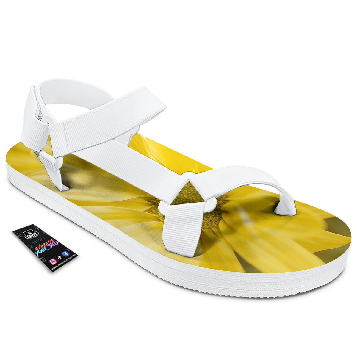 Flower Daisy Yellow Print White Open Toe Sandals-grizzshop