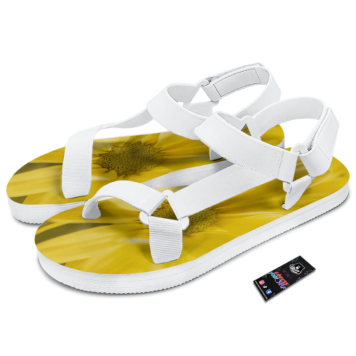 Flower Daisy Yellow Print White Open Toe Sandals-grizzshop