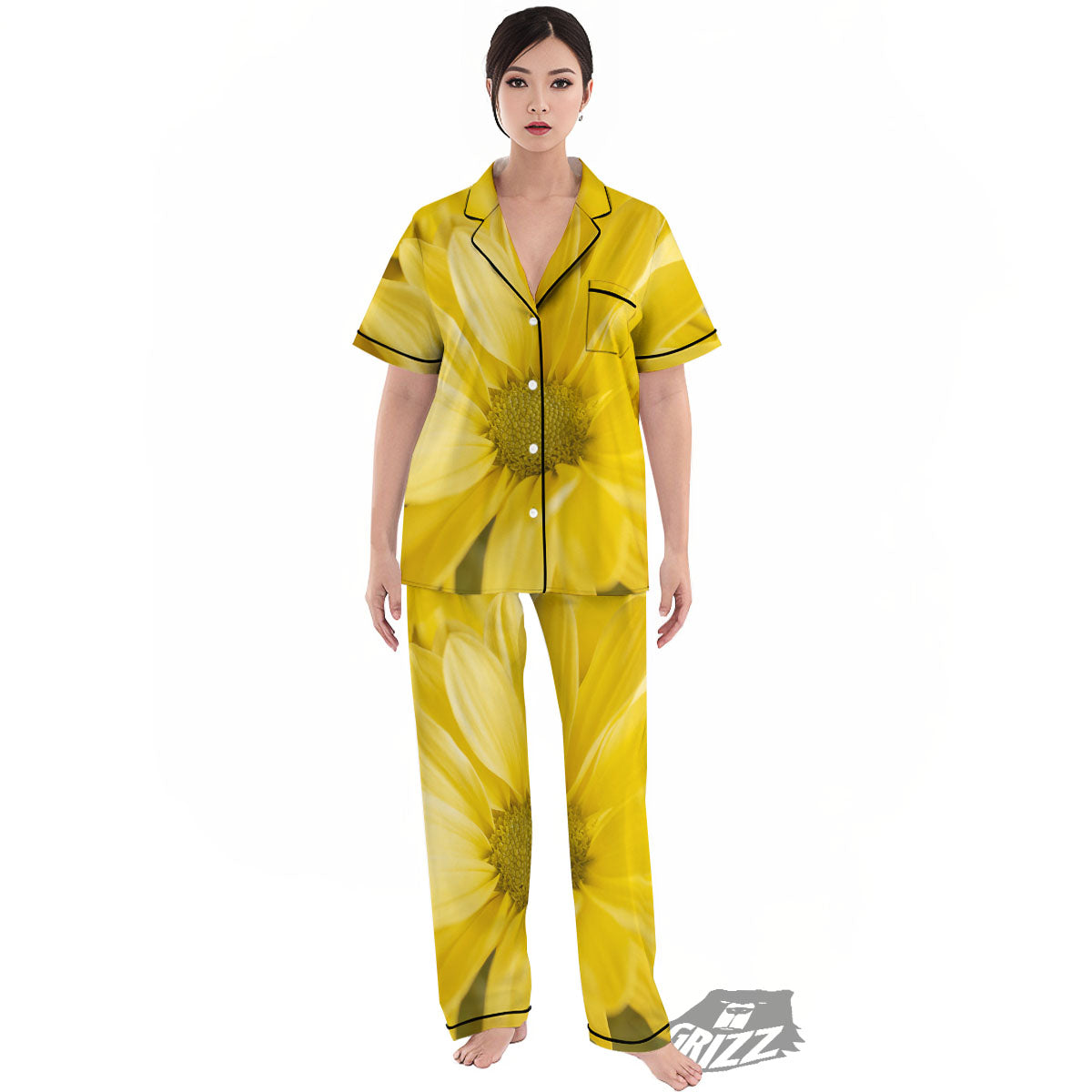 Flower Daisy Yellow Print Women's Pajamas Set-grizzshop