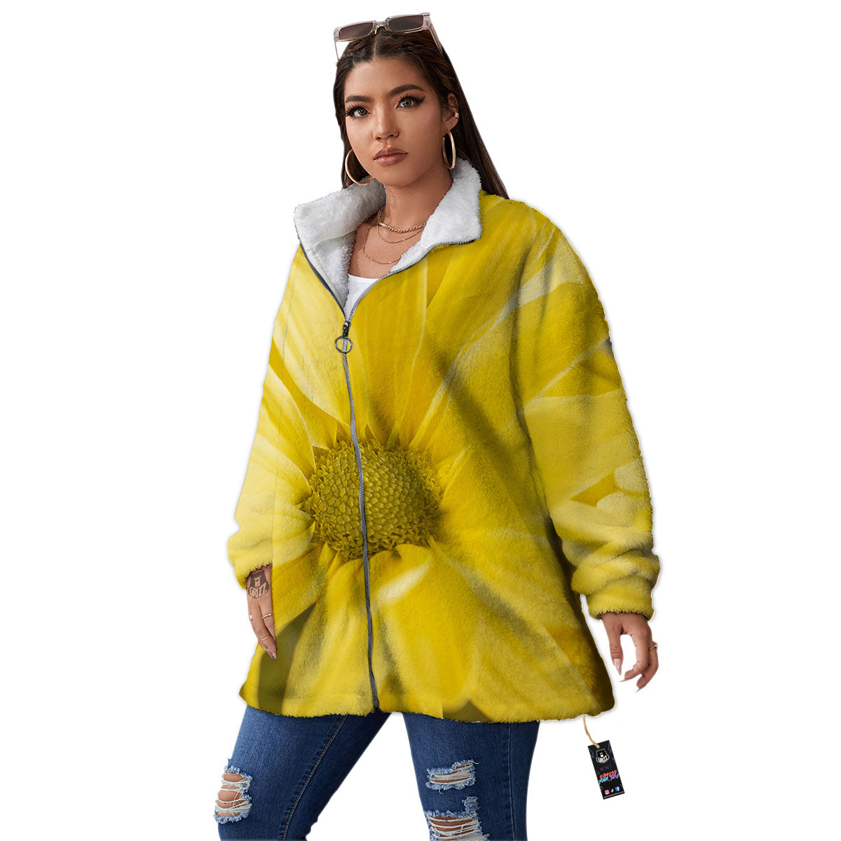 Flower Daisy Yellow Print Women's Sherpa Jacket-grizzshop
