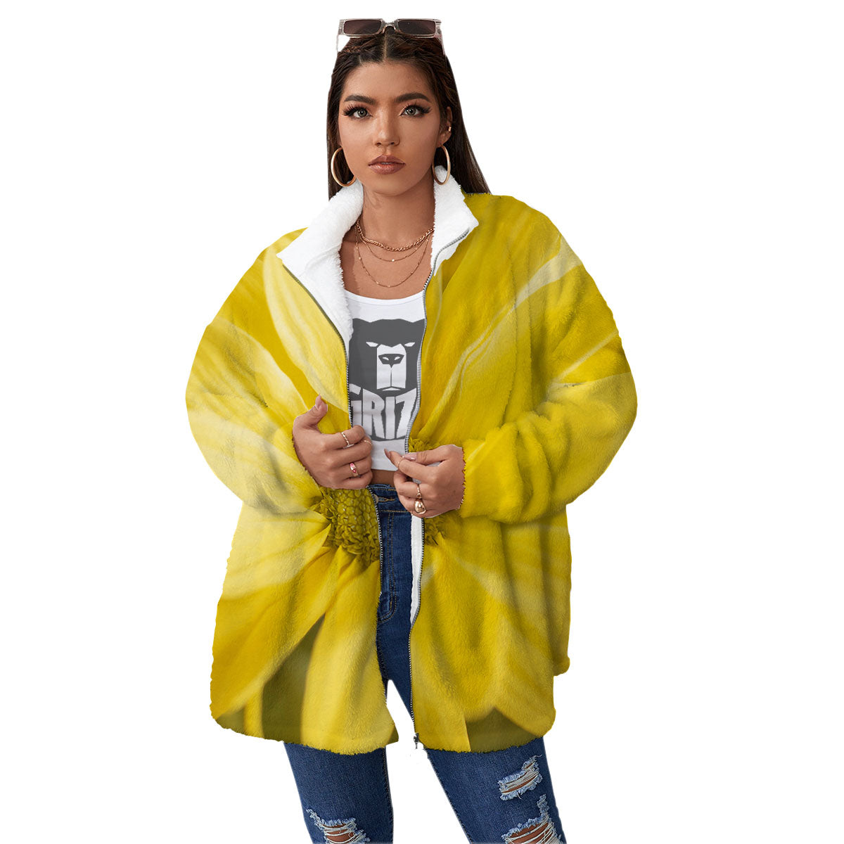 Flower Daisy Yellow Print Women's Sherpa Jacket-grizzshop