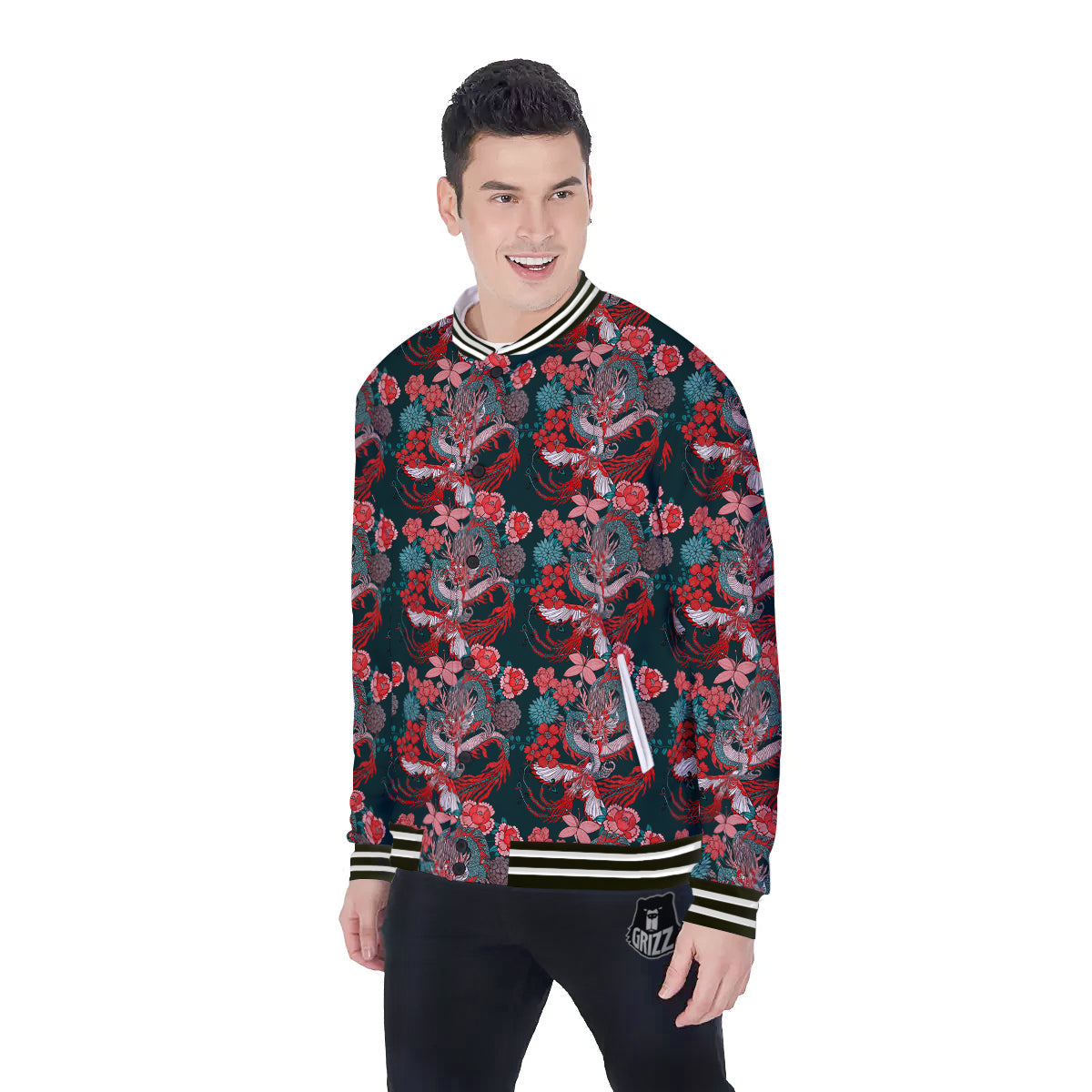 Flower Dragon Vintage Print Pattern Baseball Jacket-grizzshop