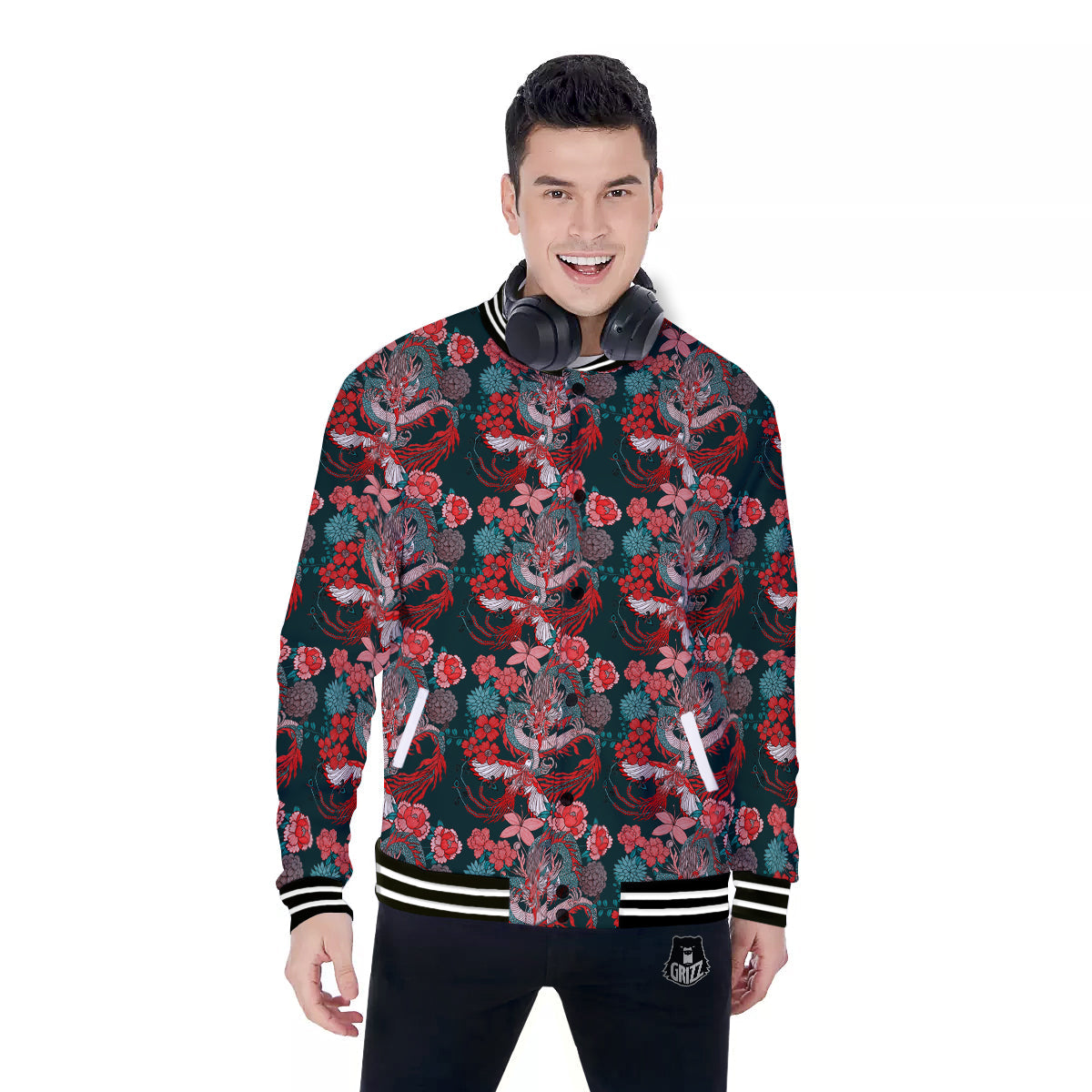 Flower Dragon Vintage Print Pattern Baseball Jacket-grizzshop