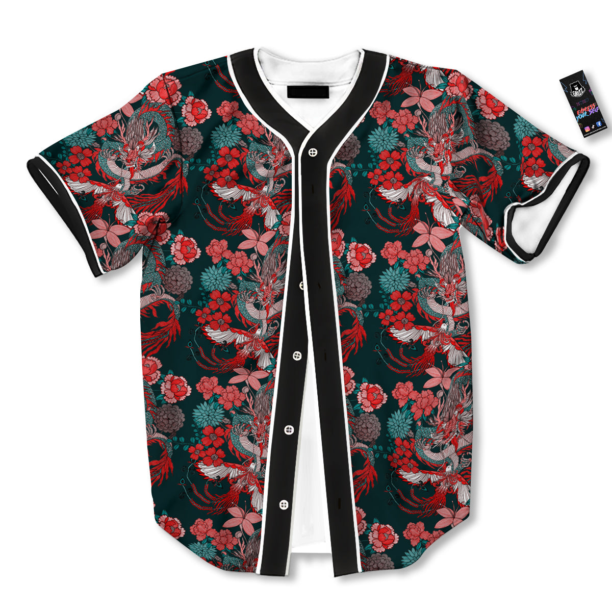 Flower Dragon Vintage Print Pattern Baseball Jersey-grizzshop